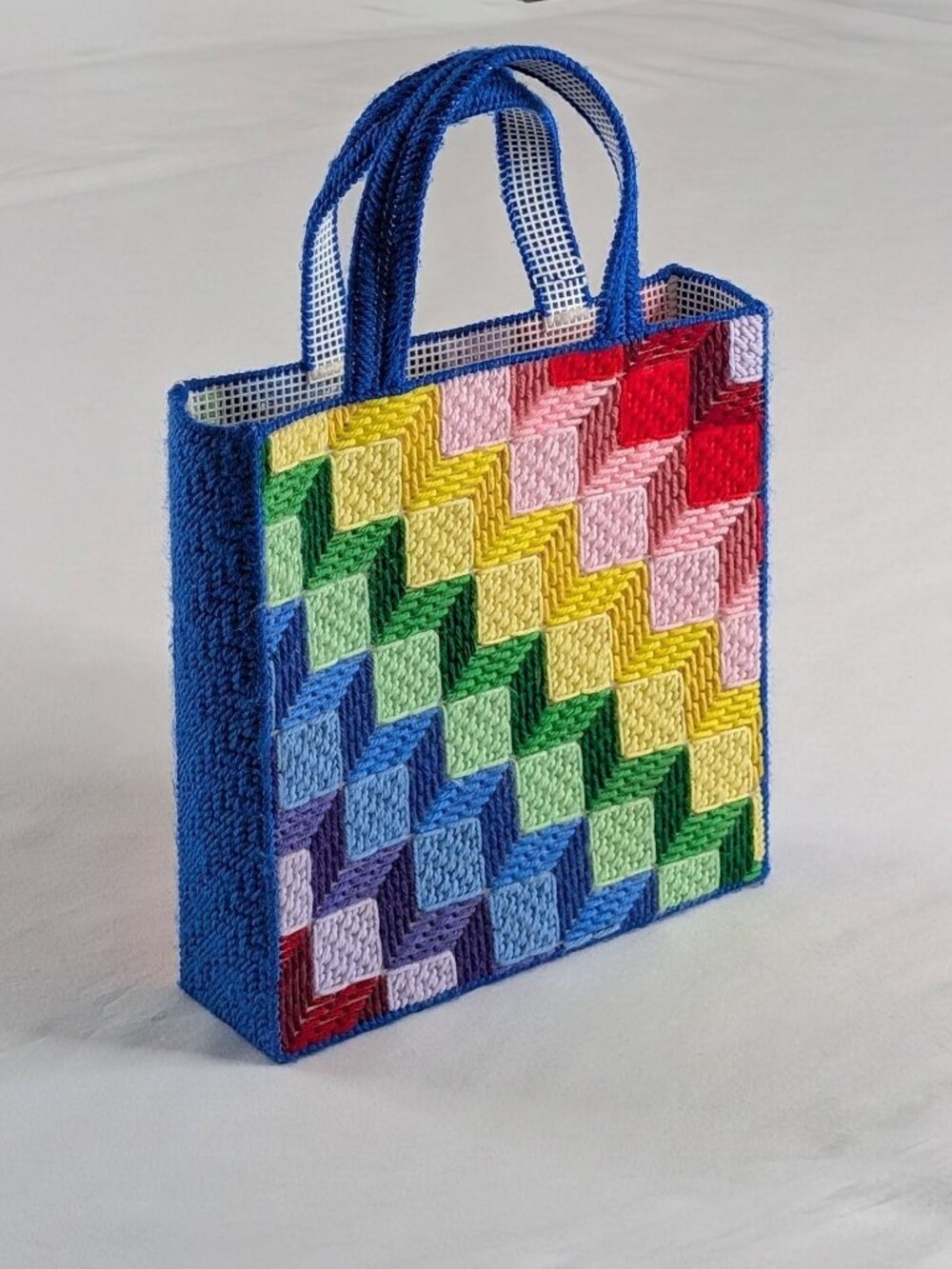 VTG Rainbow Colorful 3D Cubes Needlepoint Framed Purse Tote Bag
